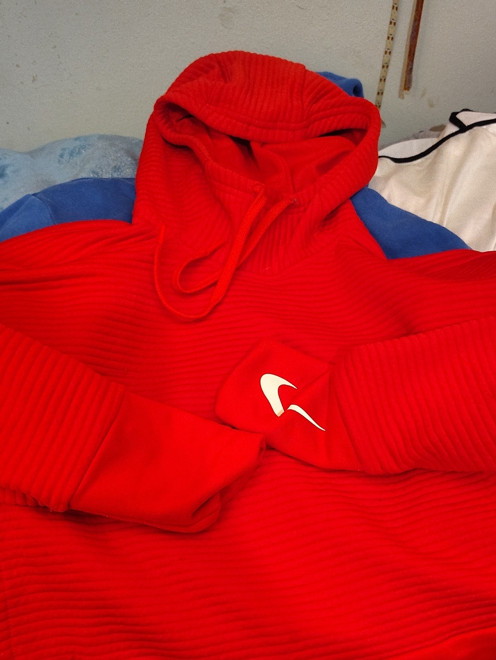 Nike Red Ribbed Pullover Hoodie with White Swoosh